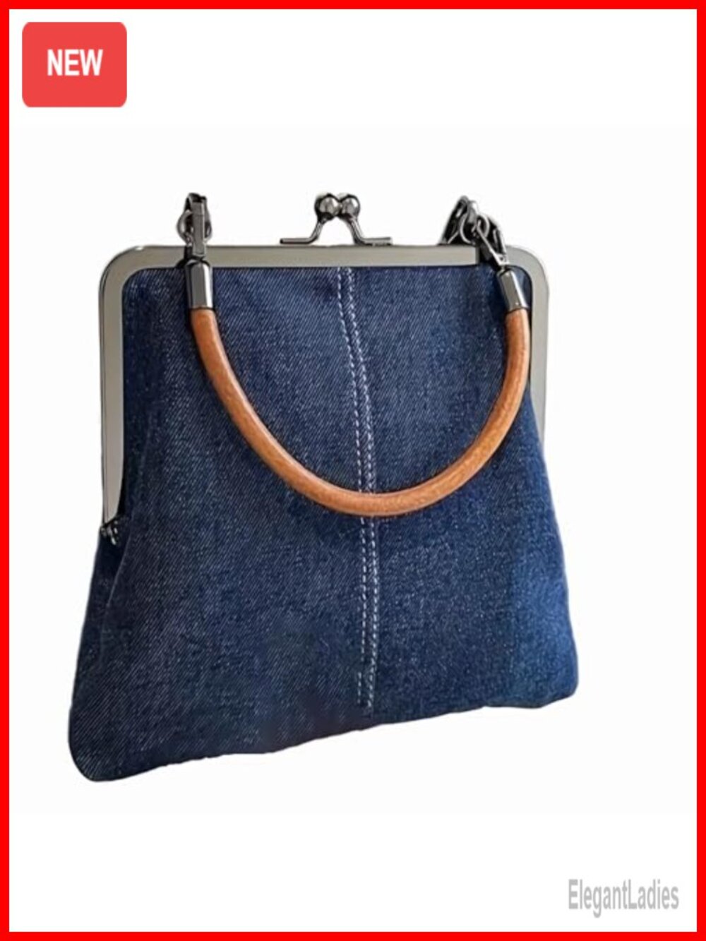 Denim Crossbody Mini Tote Bag Kiss Lock Purse Adjustable Strap